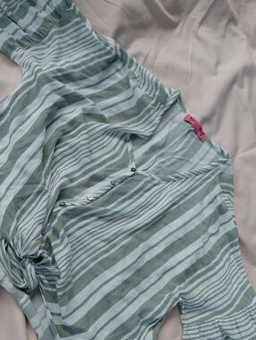 Striped V-Neck Tie-Front Blouse in Light Green and White